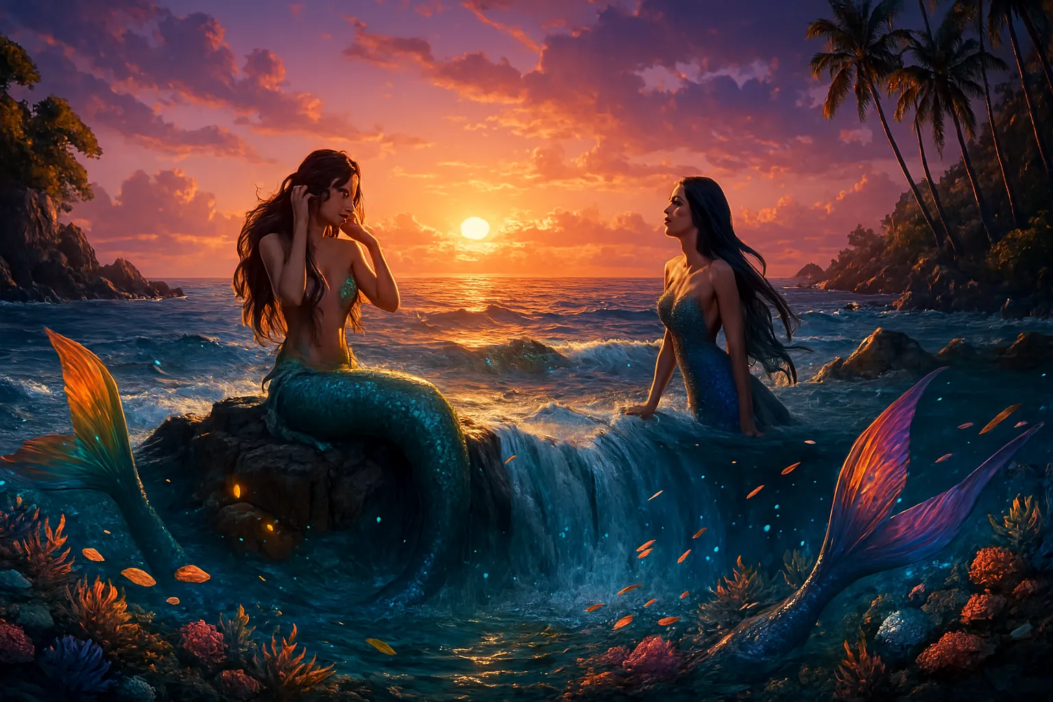 two mermaids at sunset near colorful ocean waves