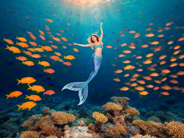 Mermaid underwater surrounded by bright golden fish and coral reef