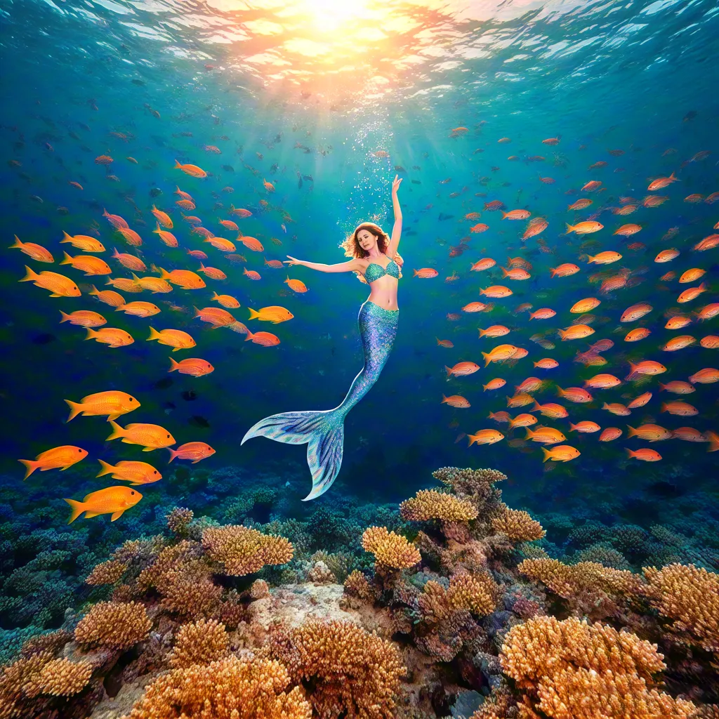 Mermaid swimming with golden fish — fantasy underwater illustration