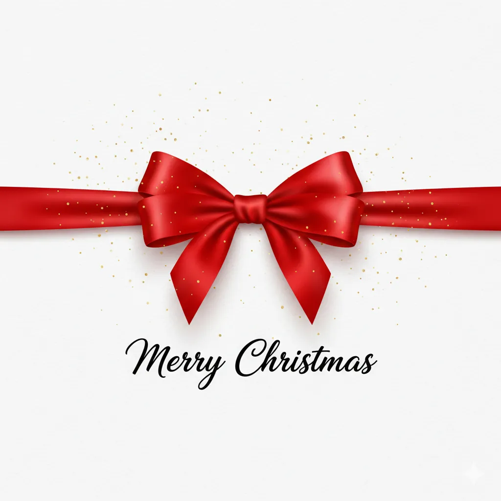 Merry Christmas card with red ribbon bow