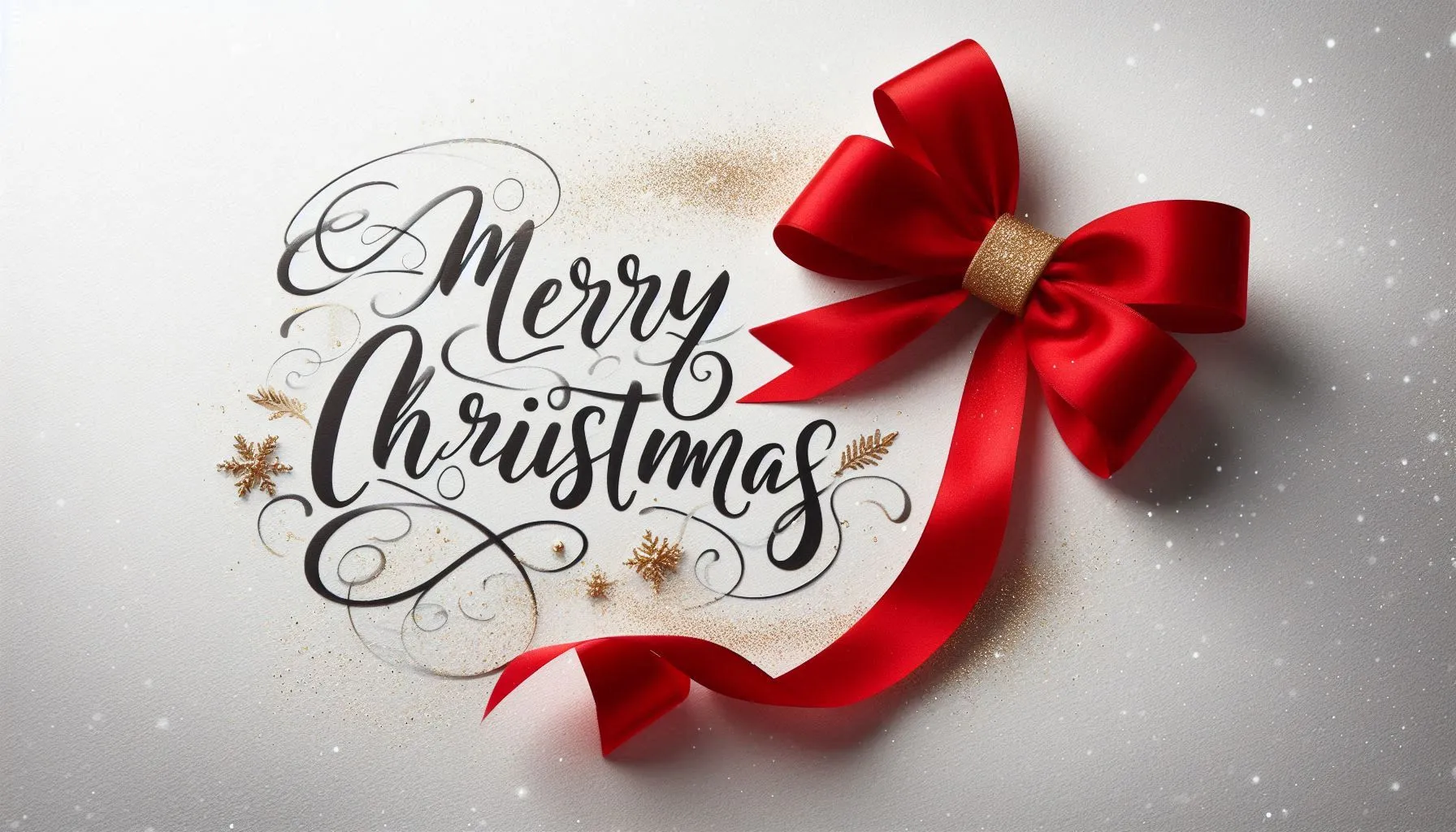 White Christmas card with elegant “Merry Christmas” lettering and red ribbon bow