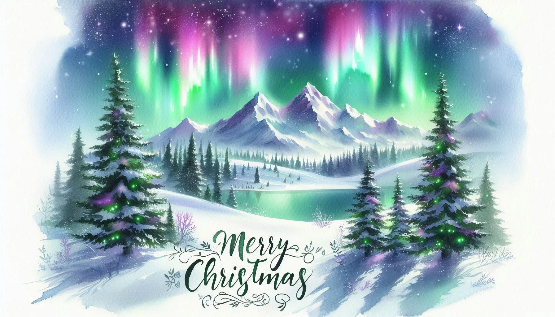 Snowy forest scene under colorful northern lights with Merry Christmas text