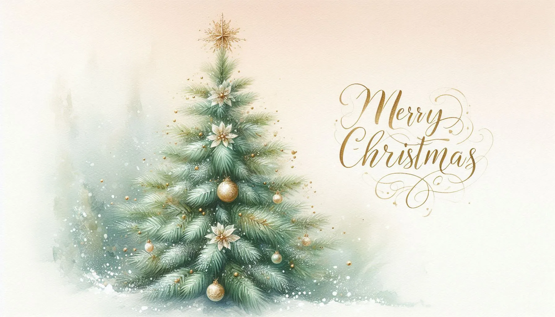 Soft pastel Christmas tree with golden ornaments and greeting text