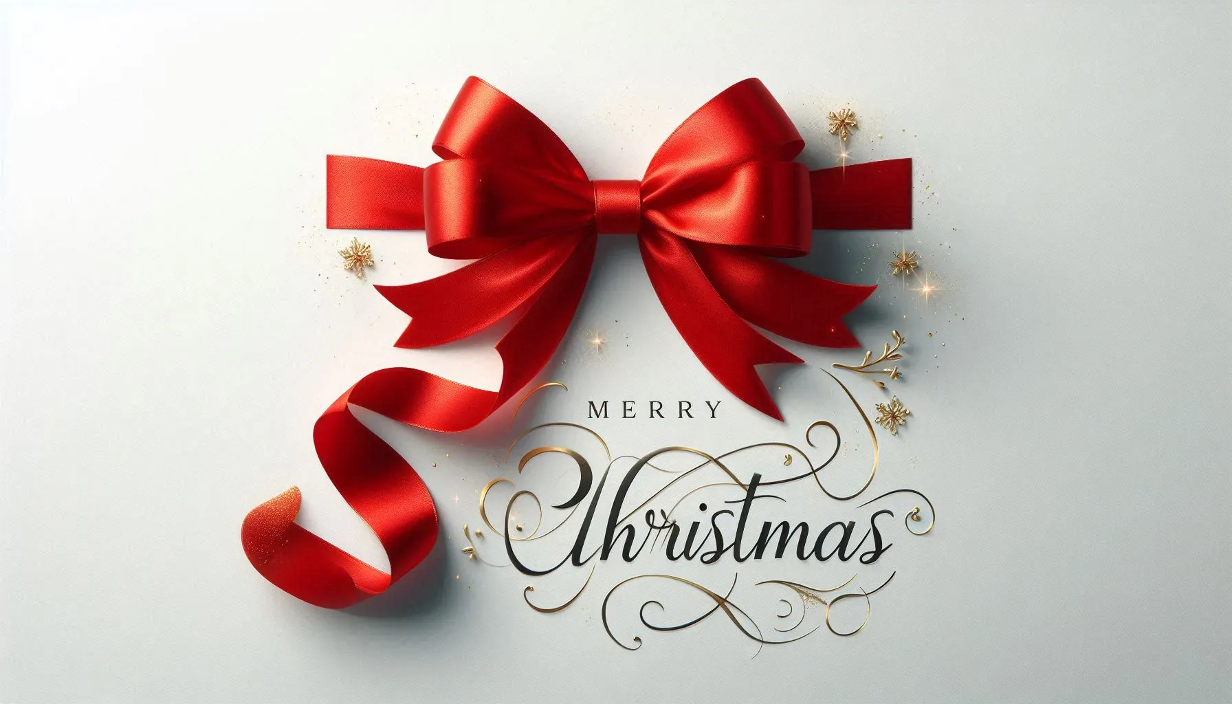 red satin bow with merry christmas text on white background