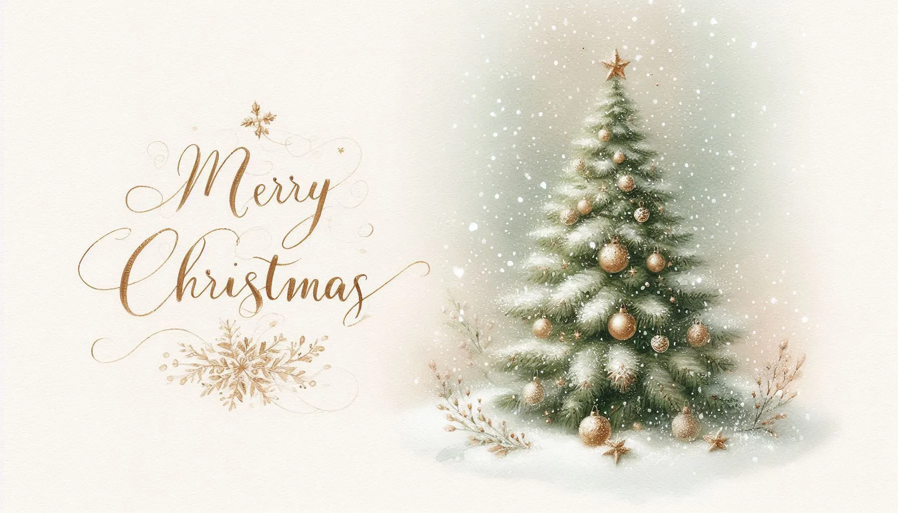 Elegant Christmas tree with golden ornaments and Merry Christmas text