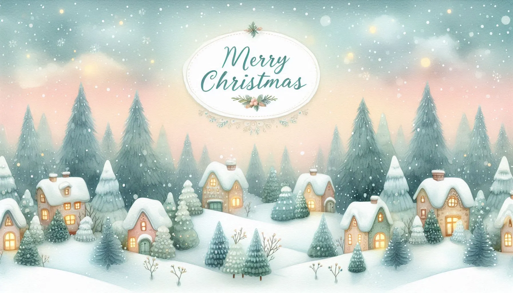 Soft pastel illustration of snowy houses and pine trees with “Merry Christmas” text