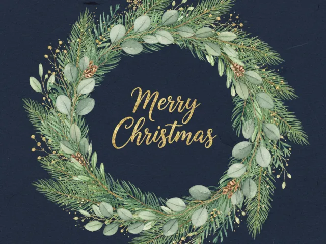 Watercolor green Christmas wreath with pine branches and festive lettering