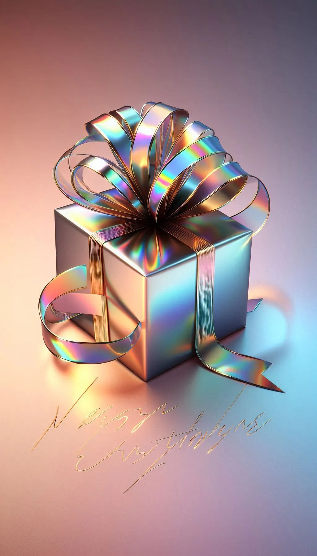Luxury gift box wrapped in shiny metallic ribbon on soft gradient background