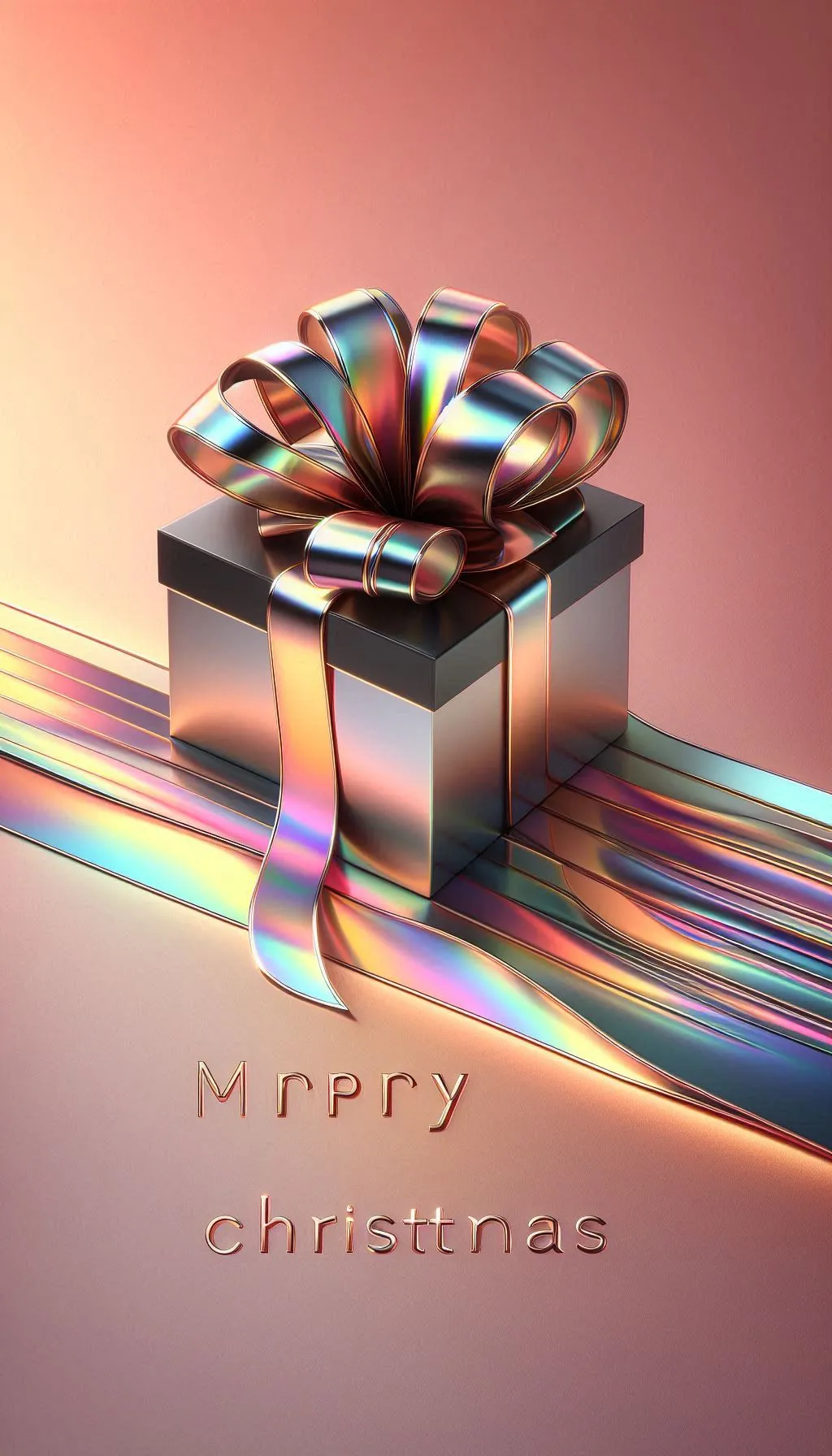 Shiny wrapped gift box with colorful metallic ribbon on soft gradient background
