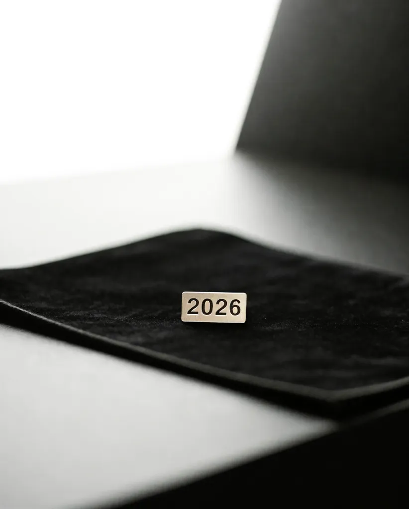 Minimal 2026 gold label on black fabric