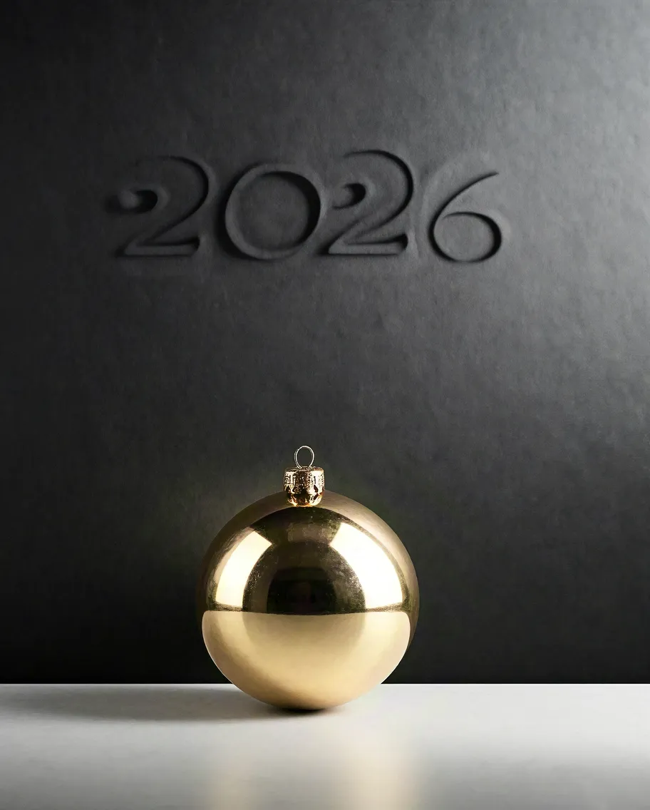 Golden Christmas ornament beside embossed 2026 text on black surface