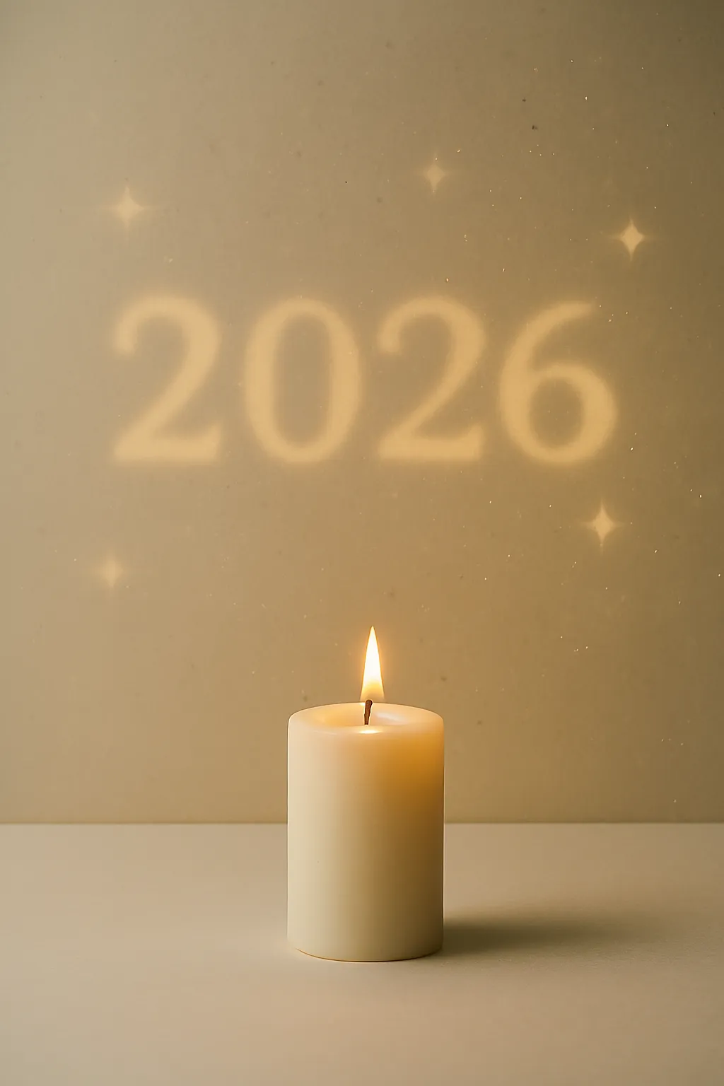 single white candle on beige background with soft glowing 2026 text