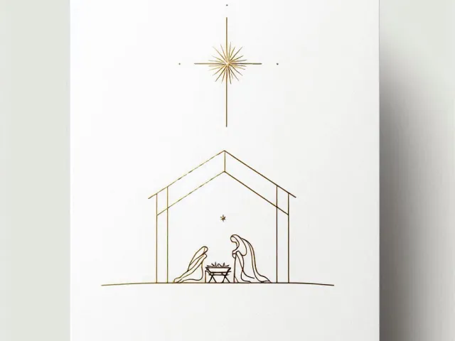 simple line-art christmas chapel with star on white greeting card