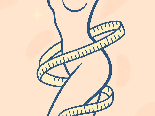stylized female outline wrapped with measuring tape