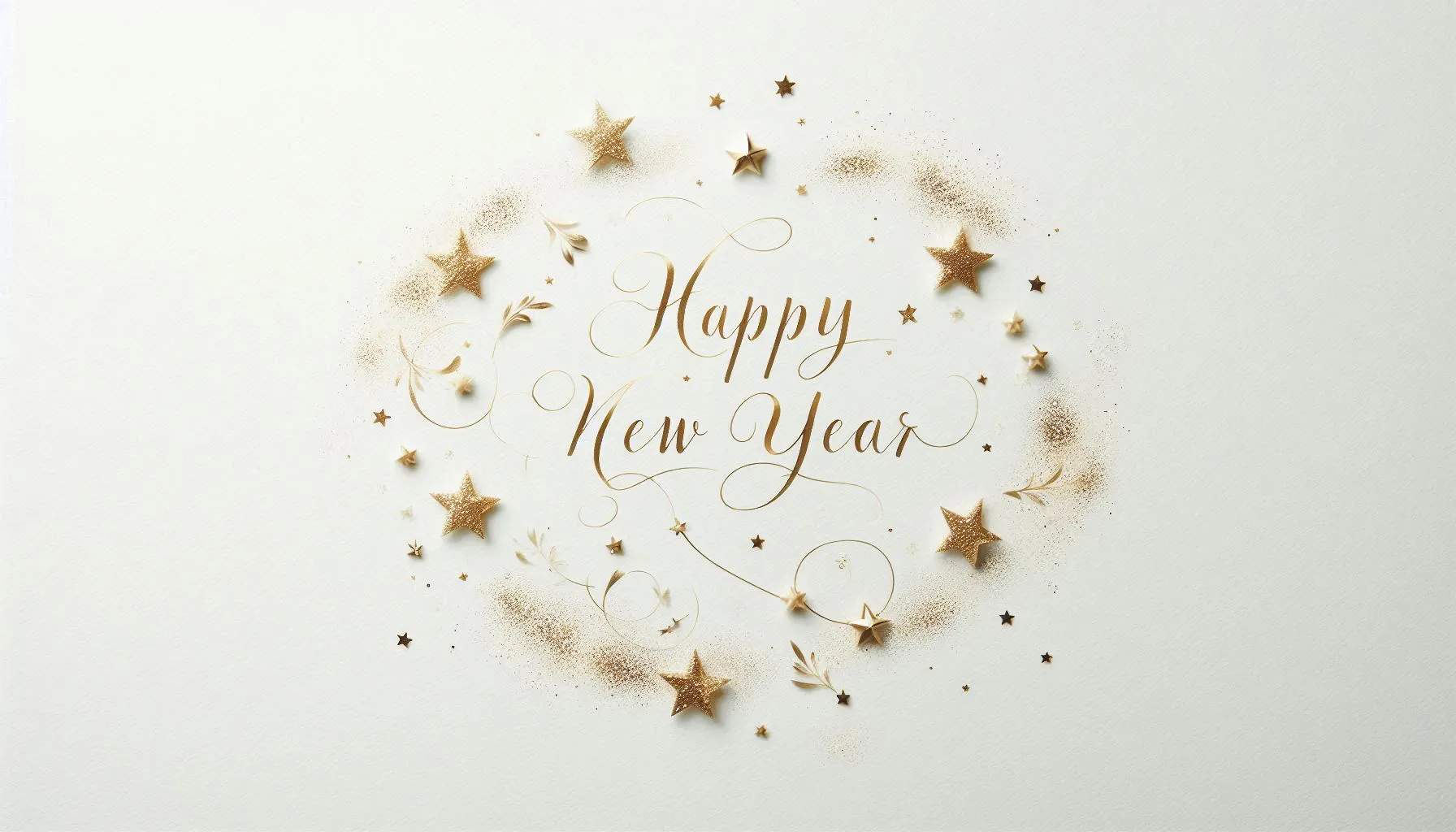 White greeting card with delicate golden stars and “Happy New Year” text