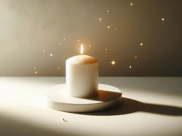 Single white candle on a smooth surface surrounded by soft golden glitter