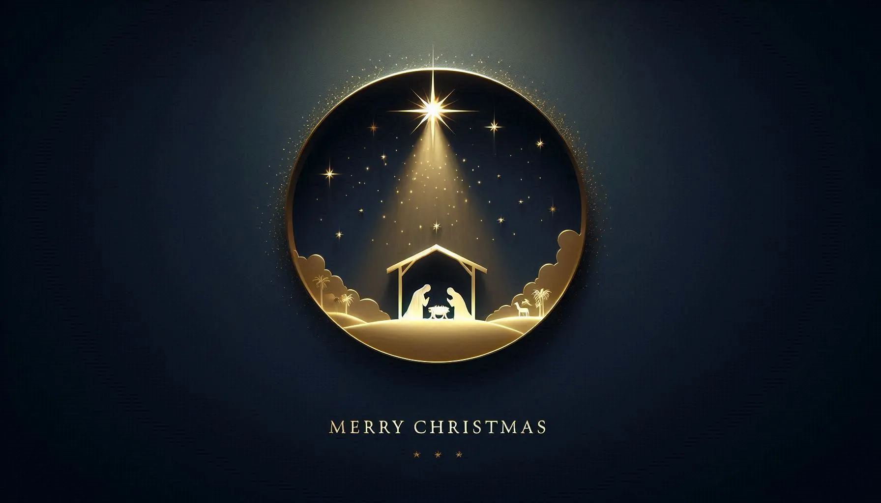 Simple Christmas nativity silhouette under glowing star on dark circular background