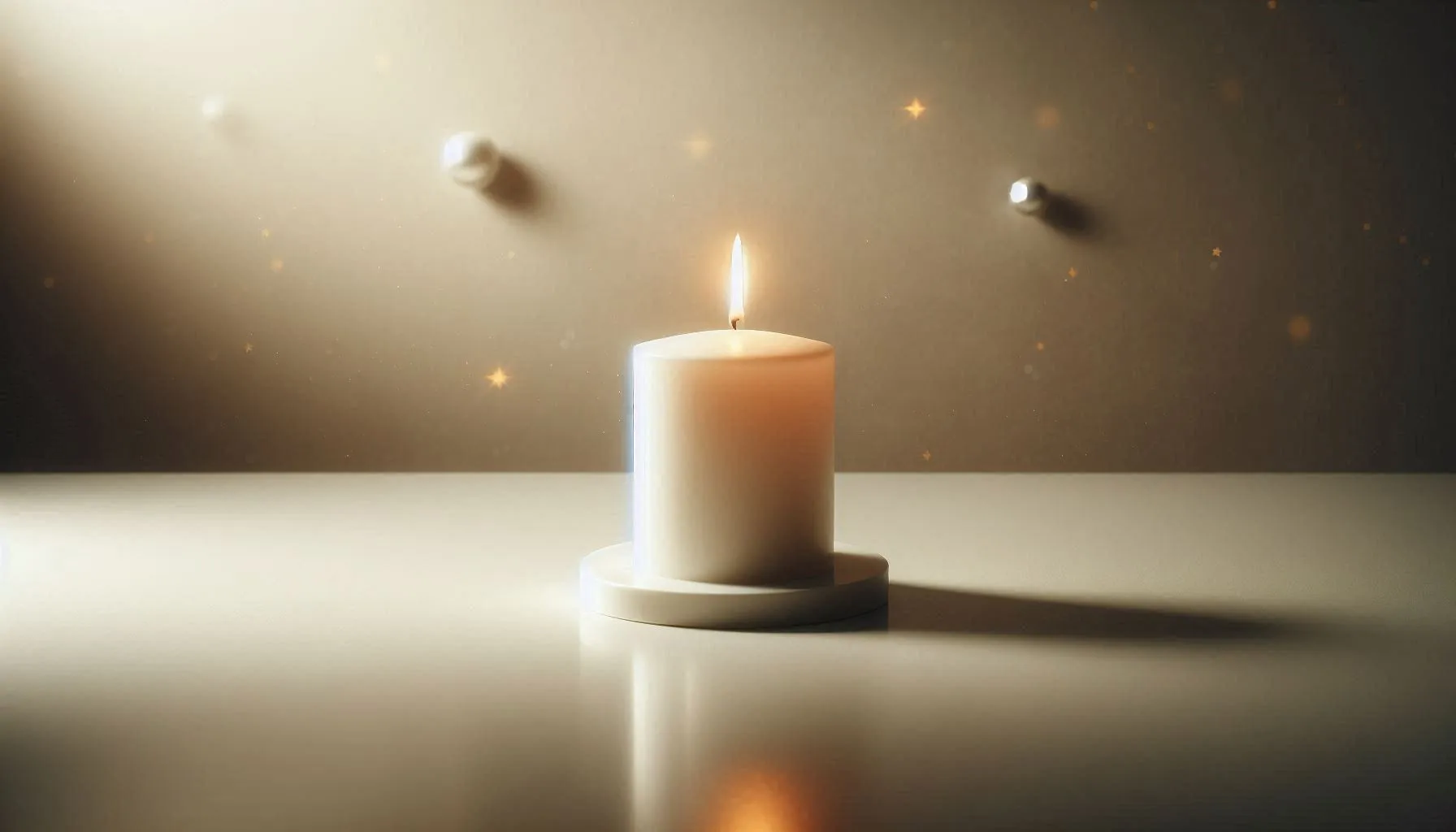 single lit white candle on soft golden background with subtle bokeh