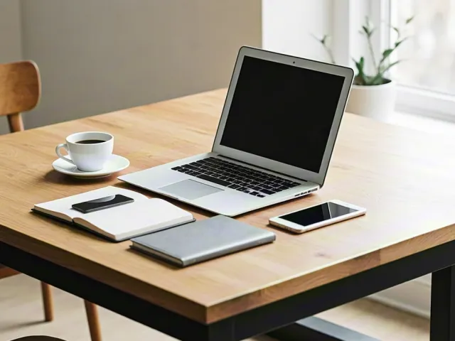 Modern workspace with laptop, notebook and coffee