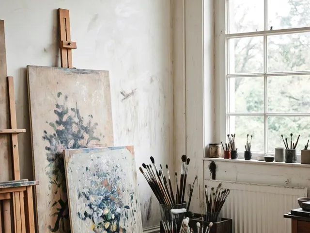 Creative art studio interior with unfinished paintings