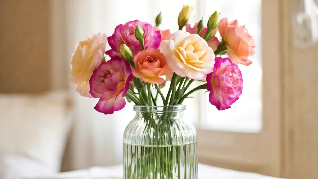 Minimalist bouquet of fresh flowers in a glass vase