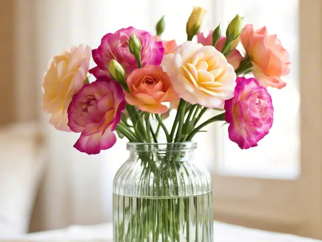 Aesthetic photo of colorful fresh flowers arranged in a glass vase on a wooden table