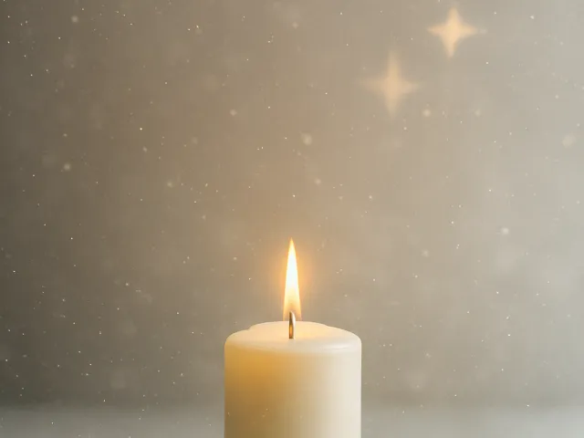 Single white candle in warm soft lighting