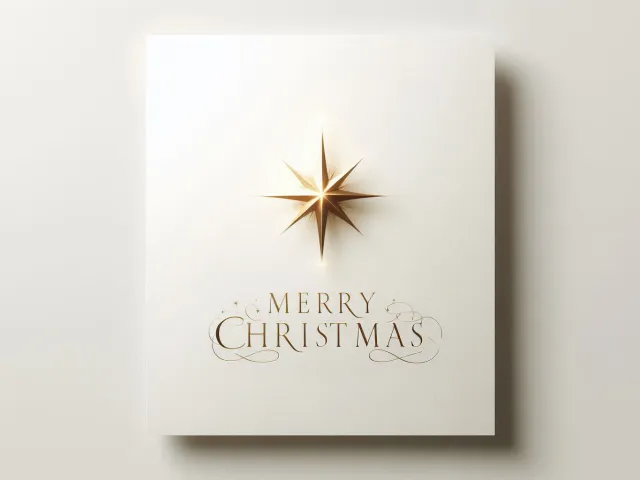 Modern white Christmas card with a single golden star and gentle shadows