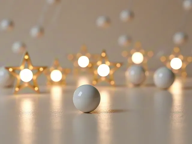 Soft glowing Christmas star lights with white ornaments on a neutral background