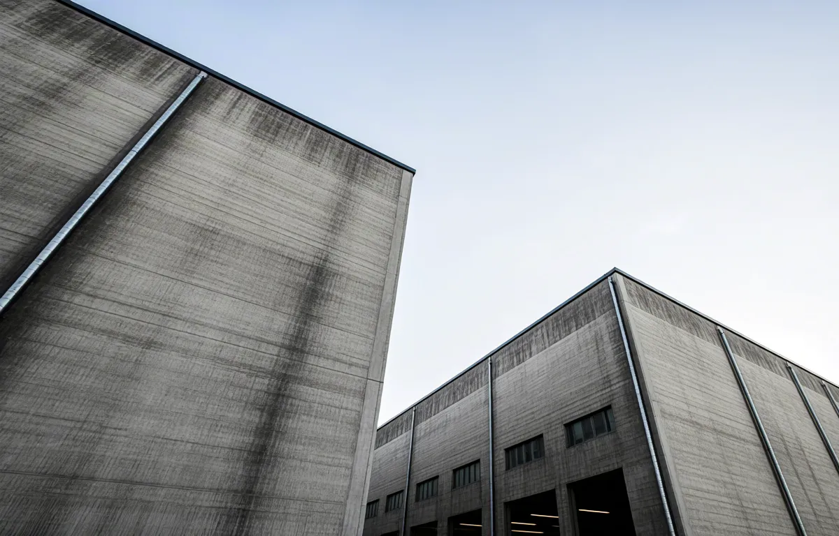 Modern industrial structure with gray textures and trees around.