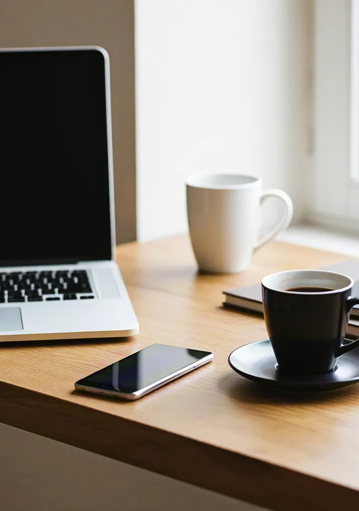 Minimalist home office with laptop and coffee