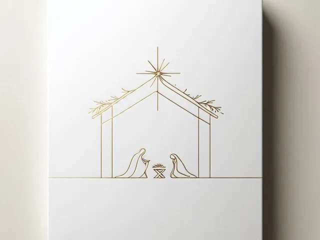 Simple white Christmas card with line-art nativity scene and star