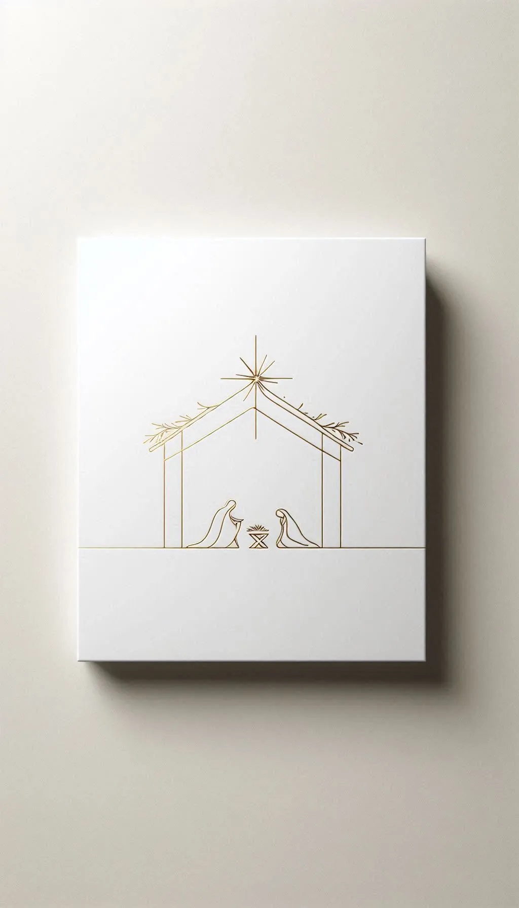 Simple white Christmas card with line-art nativity scene and star