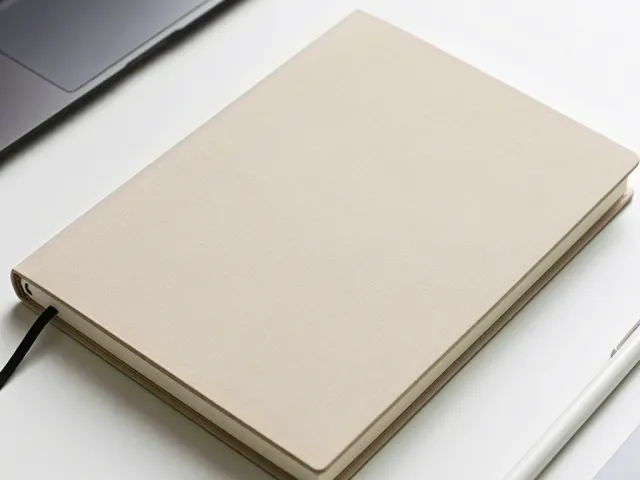 Closed beige notebook placed on modern desk beside laptop and pen