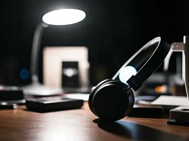 Modern desk setup with headphones, a lamp, and soft evening lighting