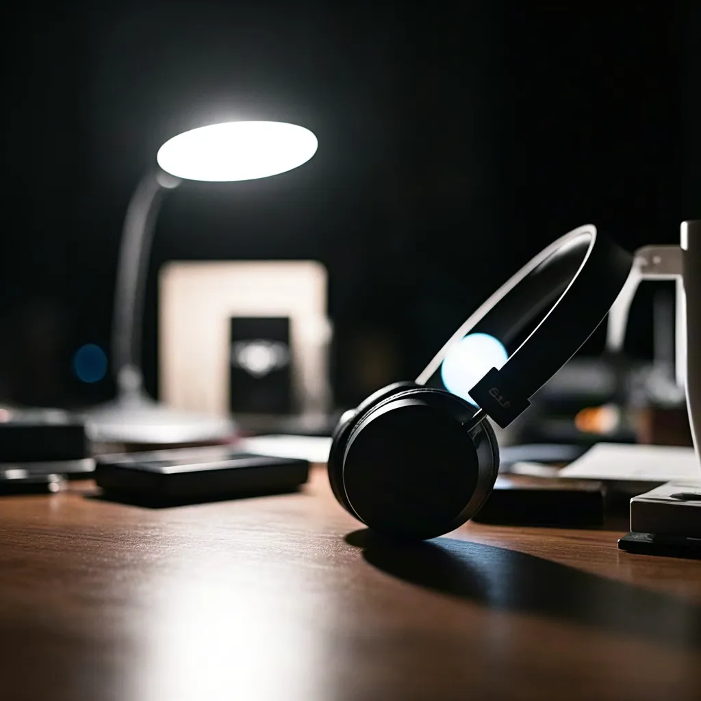 Minimalist workspace with headphones and desk lamp