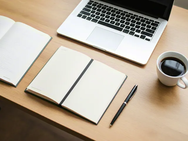 Laptop, coffee, and notepad arranged neatly on wooden desk for work or study.