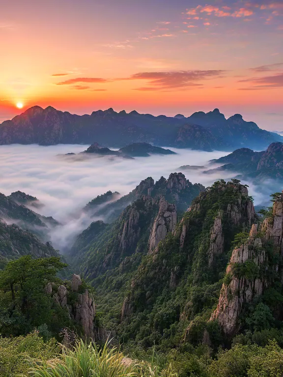 Misty mountains and sunrise view