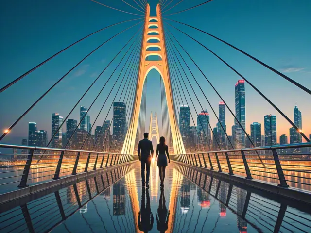Futuristic illuminated bridge leading toward a glowing city skyline at night