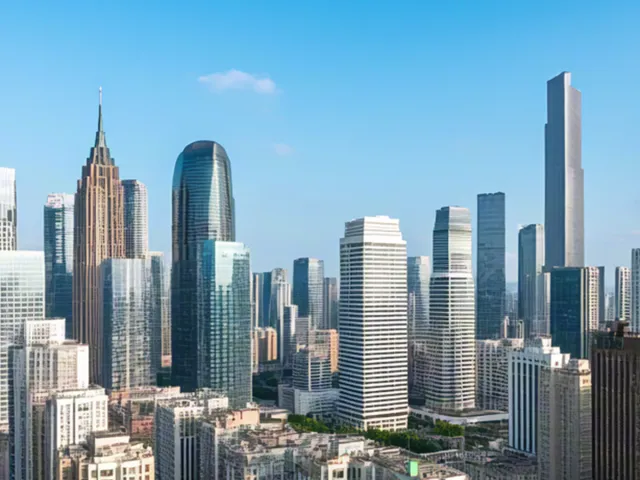 High-rise buildings in bright sunny cityscape