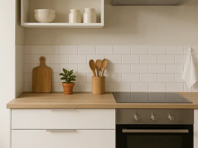 Modern minimalist kitchen interior with white cabinets, oven and wooden shelves.