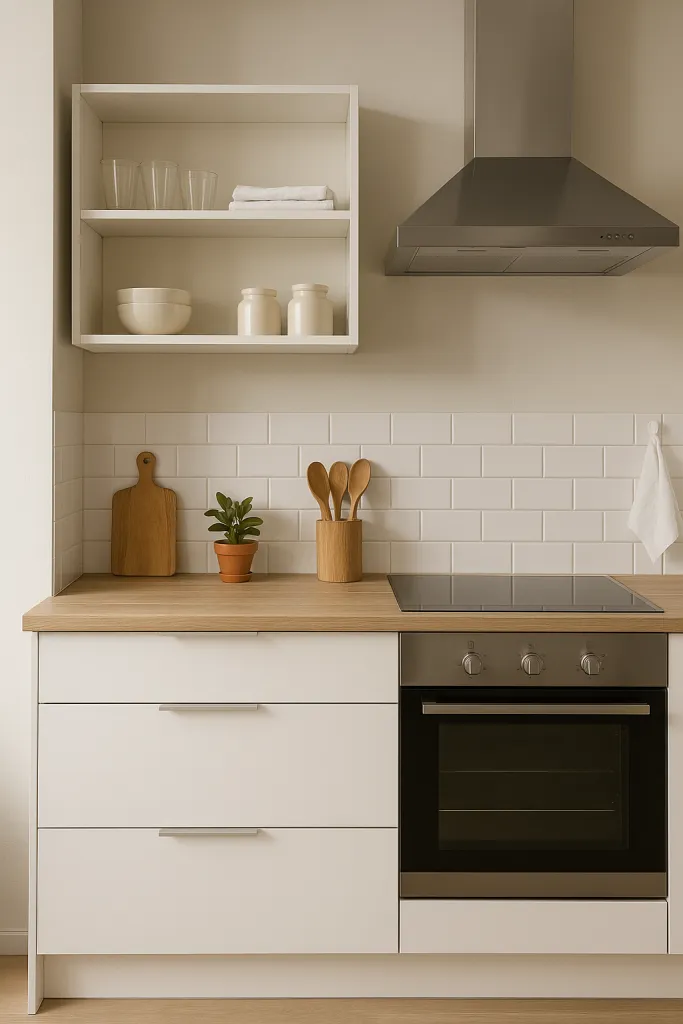 Modern kitchen interior with oven and shelves