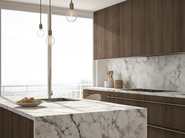 Contemporary kitchen with wood cabinets and marble