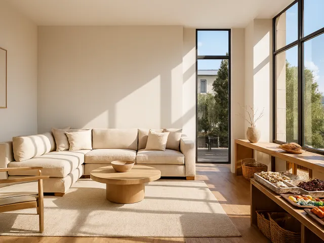 Bright minimal living room with beige sofa, wooden table, and sunlight.
