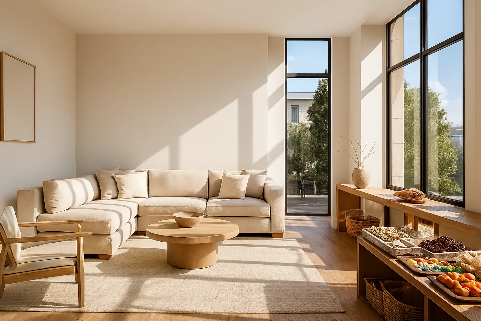 Bright minimal living room with beige sofa, wooden table, and sunlight.