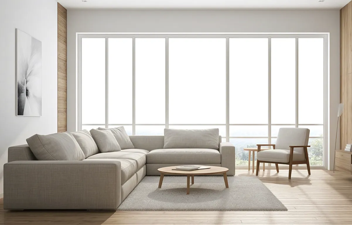 Bright living space featuring beige sofa, table, and large sunny window. Portrait