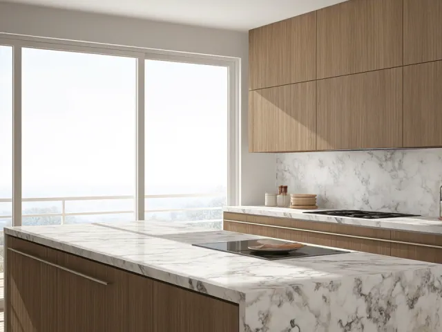 Bright contemporary kitchen interior with marble countertops and minimalist wooden cabinets