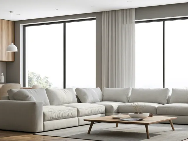 Bright modern living room with large windows