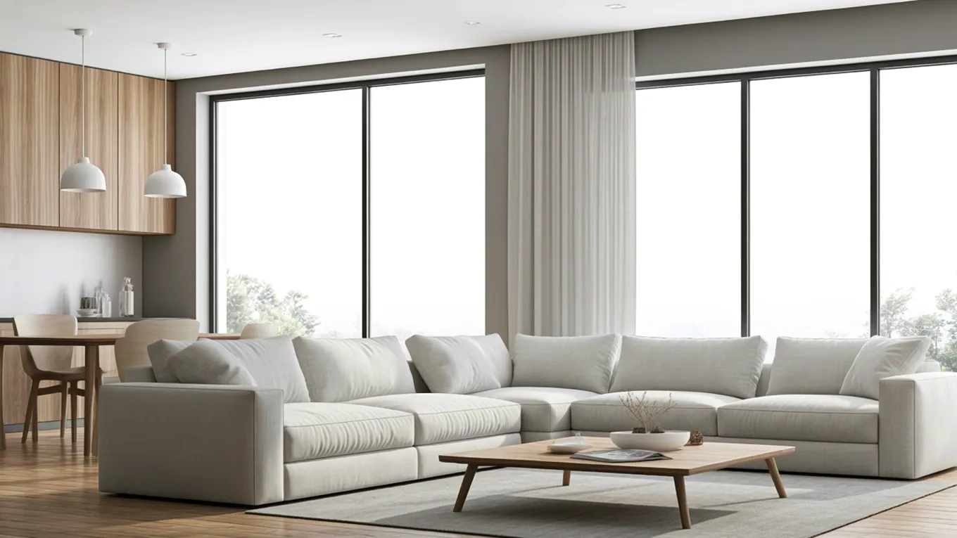 Bright modern living room with large windows