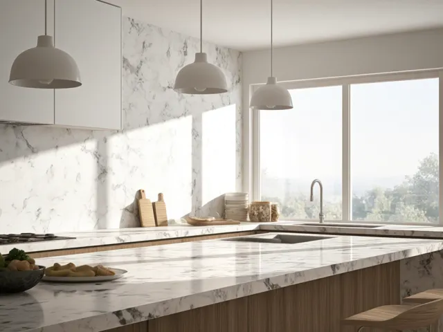 Clean white kitchen interior with marble accents